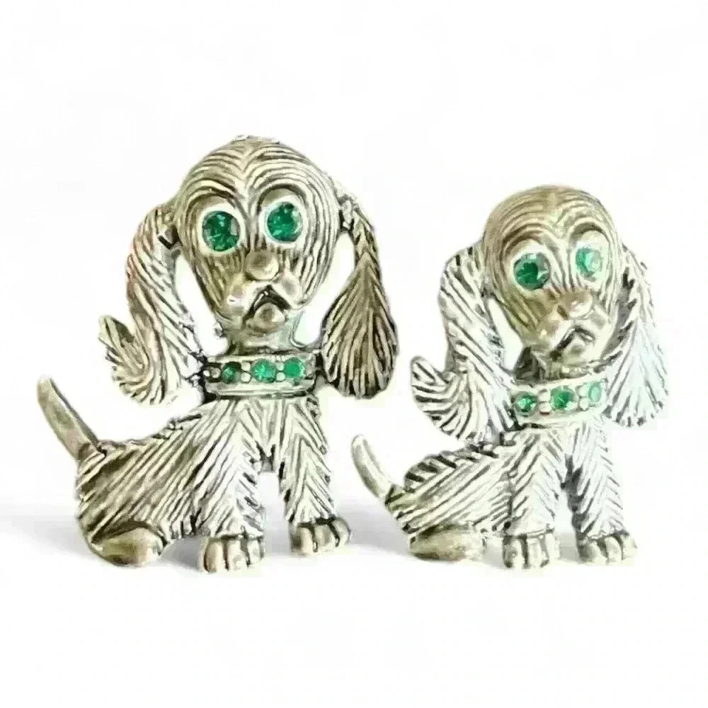 Vintage Gerry’s gray enamel mom & pup dog emerald green rhinestone brooch pin - Picture 1 of 4